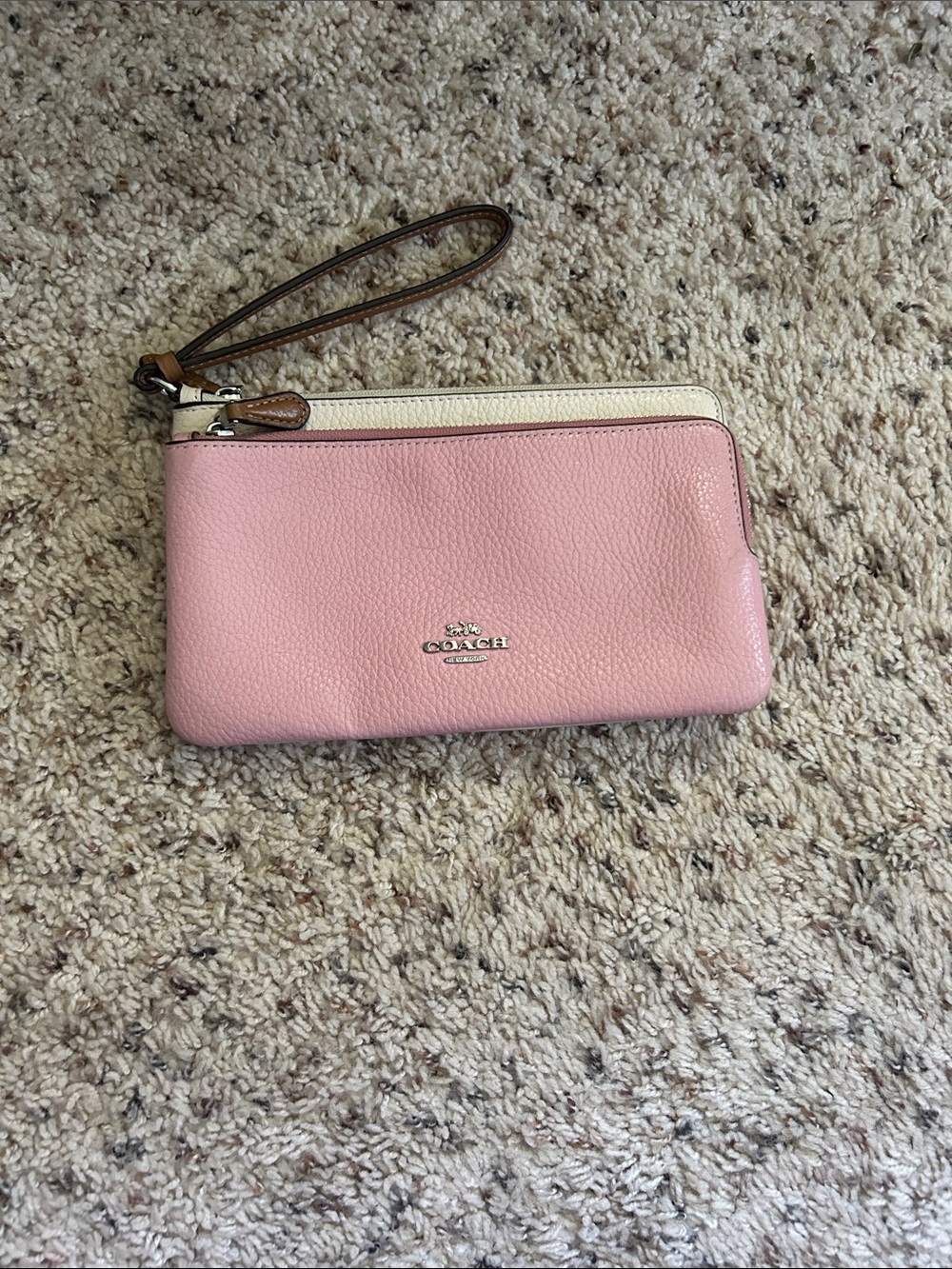 Coach Pink and Cream Leather Wristlet with Brown Strap